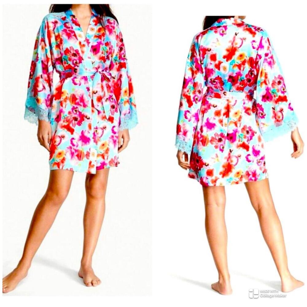 Victoria Secret Happy Poppies Lace Insert Robe EUC Size XS Small Satin Tie Waist